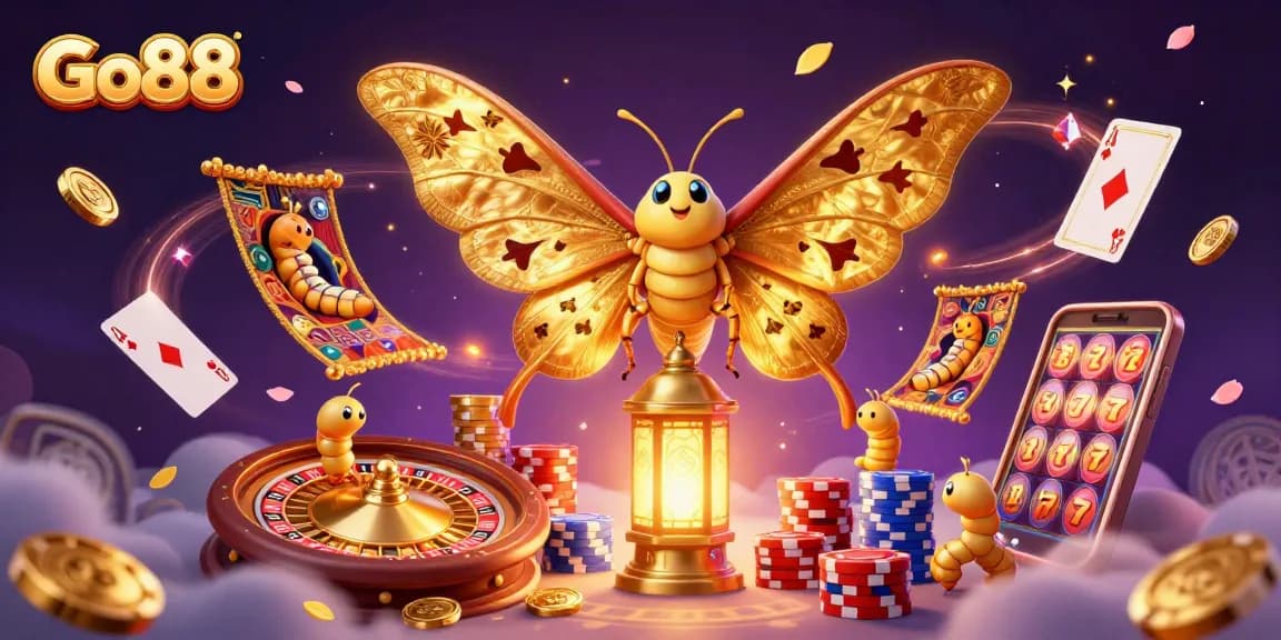 Win big with Go88: a vibrant casino scene featuring a golden moth, coins, and jackpot treasures.