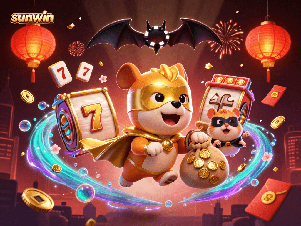 Experience the excitement of sunwin casino with a vibrant superhero dog flying through a world of gaming.
