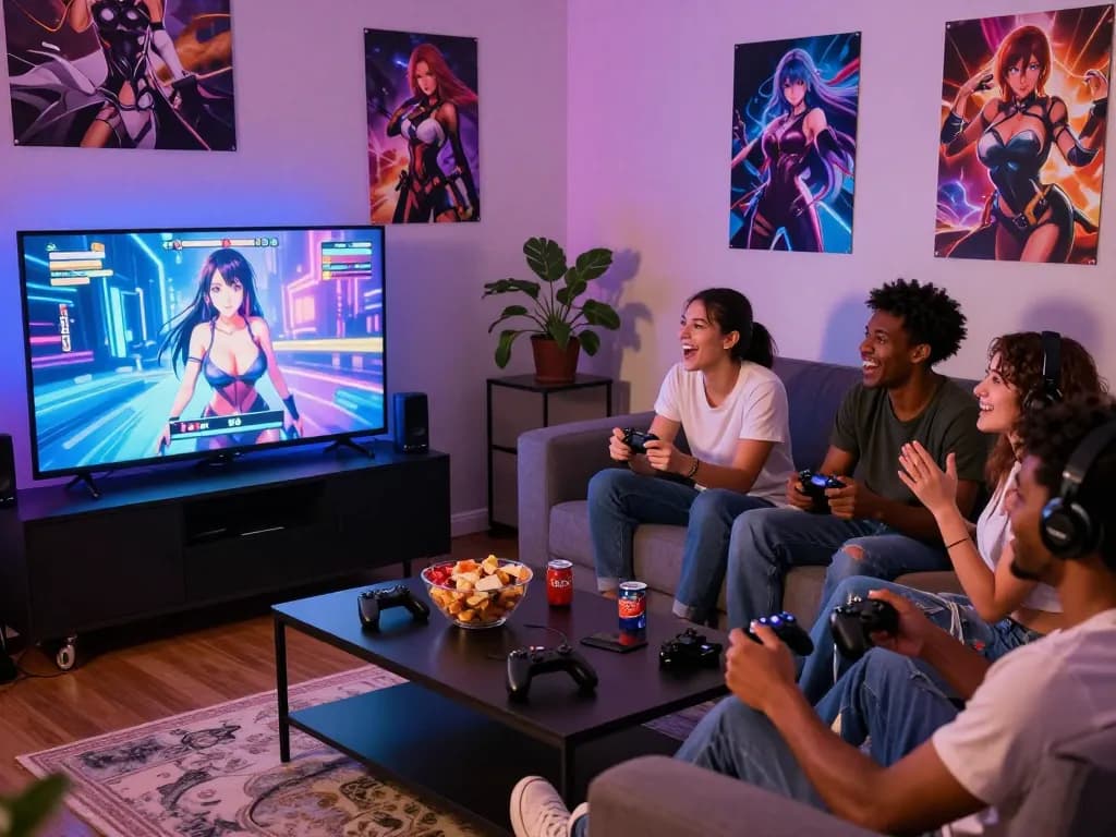 Young adults enjoying a hentai game together during a lively gaming night.