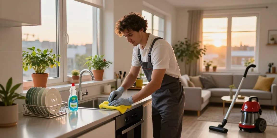 Expert wohnungsabgabe reinigung in a modern apartment, showcasing a professional cleaner scrubbing surfaces.