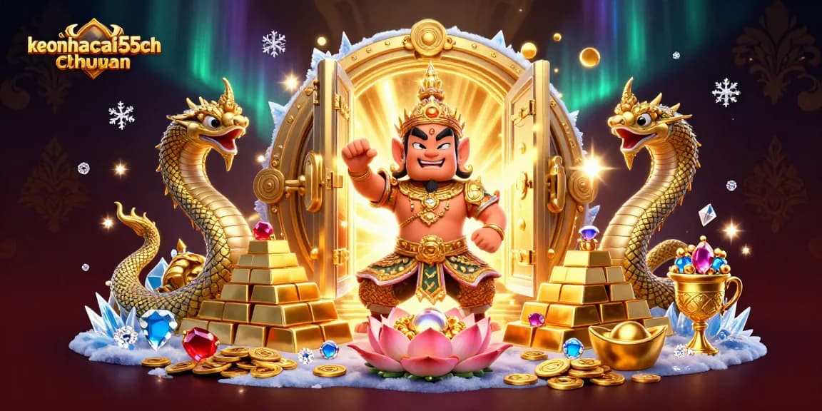 Bet on keonhacai55chuan and win with this vibrant casino-themed scene featuring guardians and treasures.