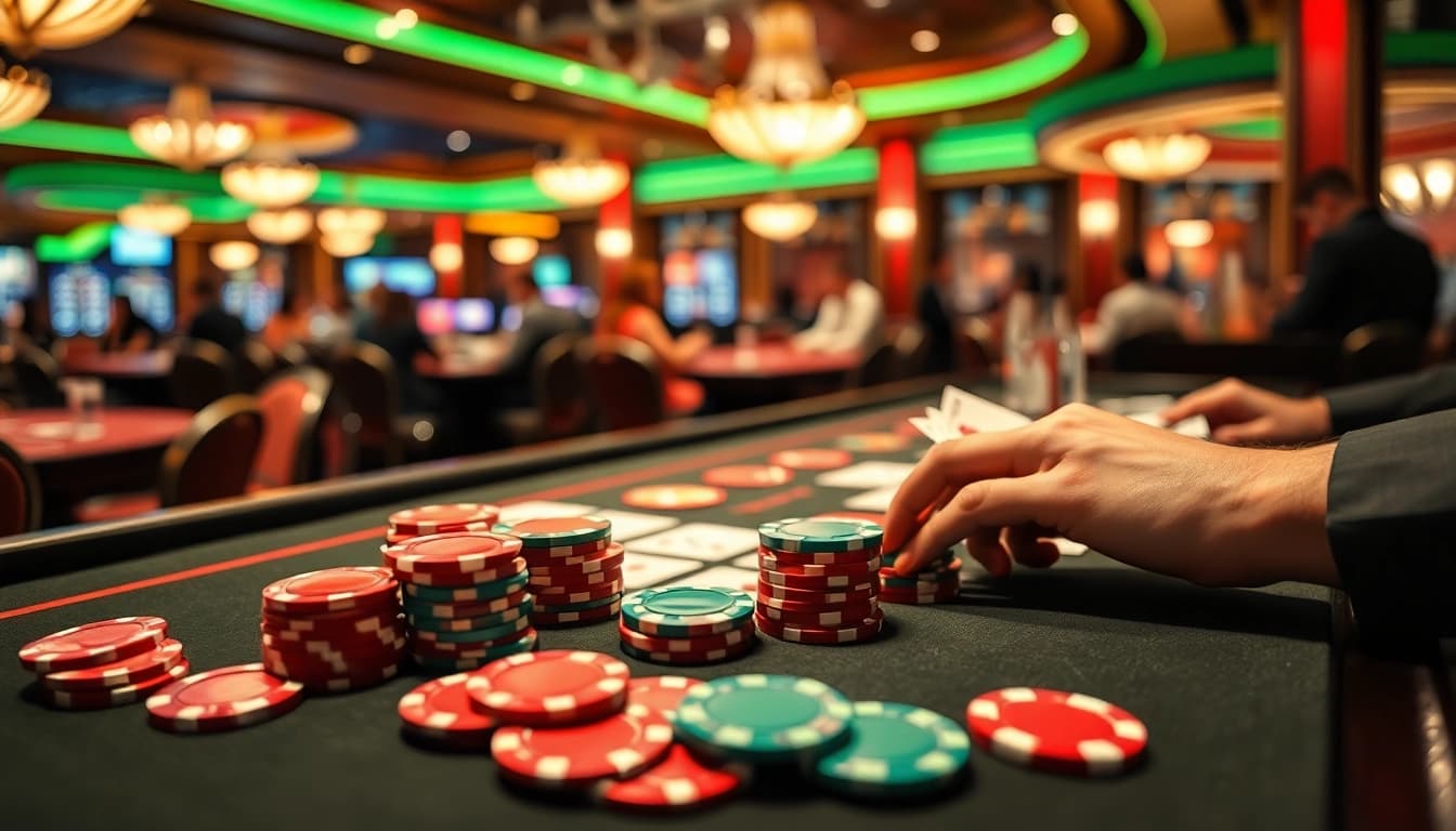 Genießen Sie casinospiele an einem eleganten Tisch mit bunten Chips und Karten.