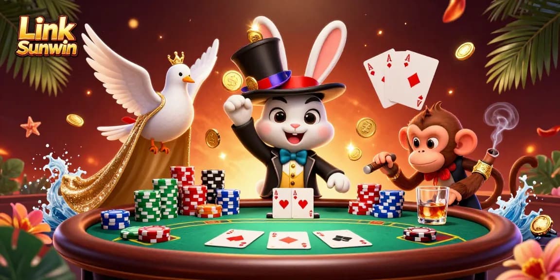 Engage with Link Sunwin's lively casino scene featuring a magician rabbit, dove, and monkey amidst colorful poker chips.