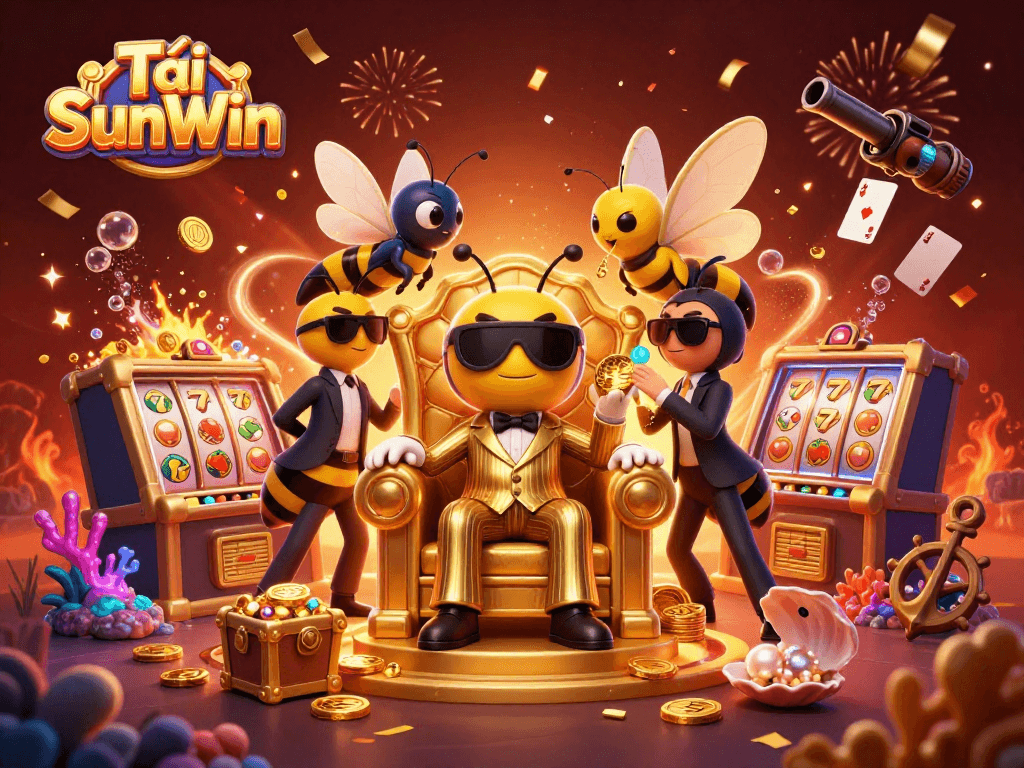 Tải SunWin captures a thrilling casino scene with a mob boss bee amid dazzling slot machines and treasure.
