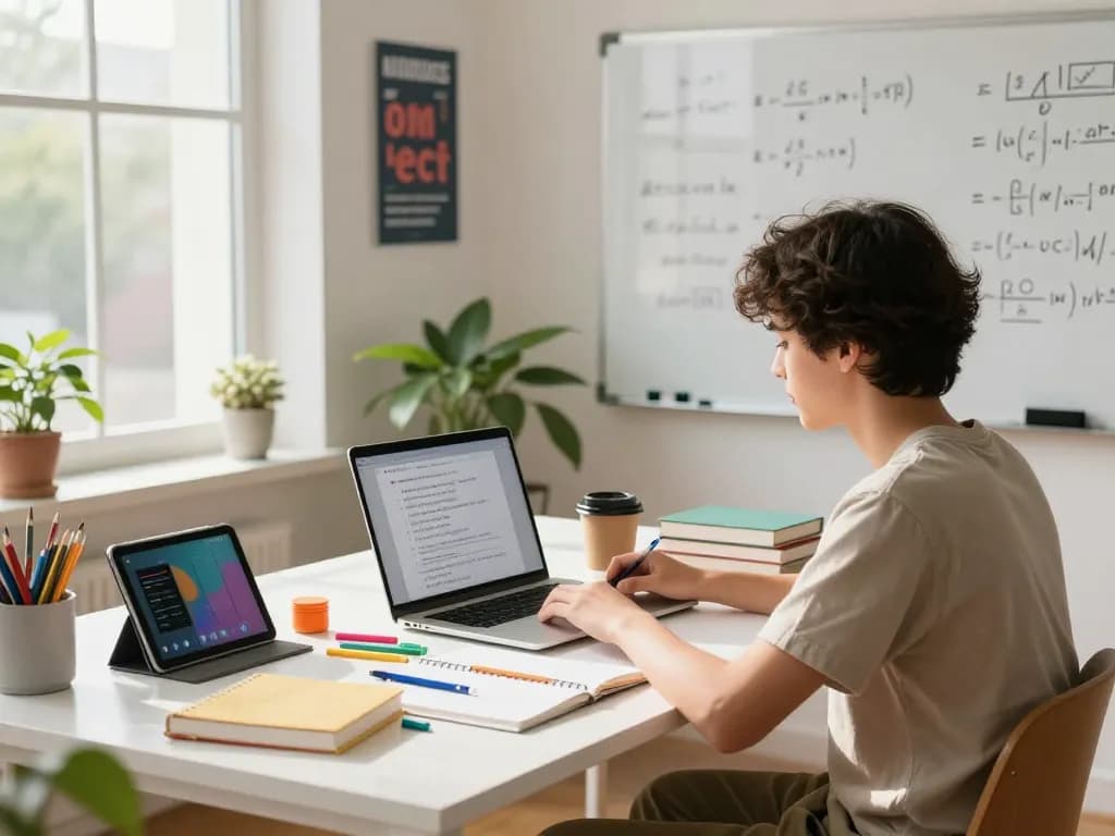 Student konzentriert auf das Hausaufgabenlösen in einer hellen Studienumgebung mit Büchern und Notizen.