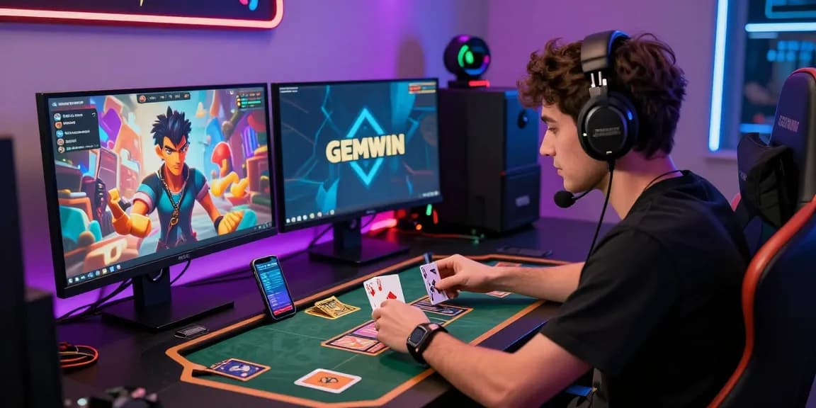 Exciting online gaming environment at https://gemwin.pics/ with animated character focused on card game, high-tech peripherals, and vibrant lighting.