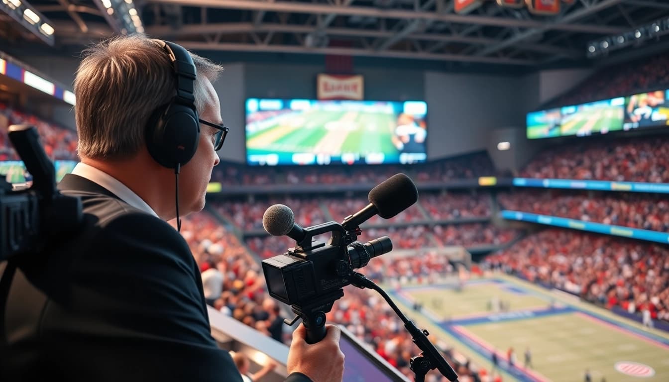 Engaging sports broadcasting scene featuring a broadcaster with vibrant stadium backdrop.