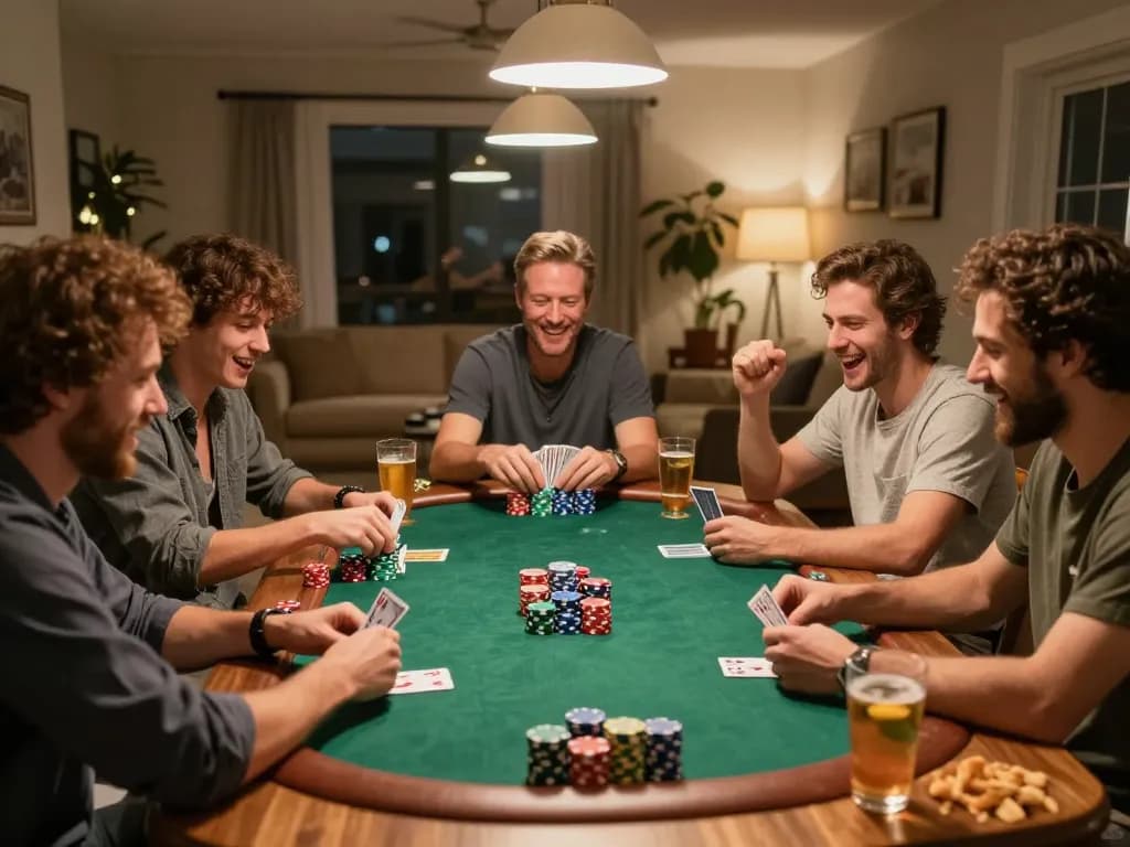 Engaged friends enjoying poker night and analyzing texts with KI Detektor Uni.