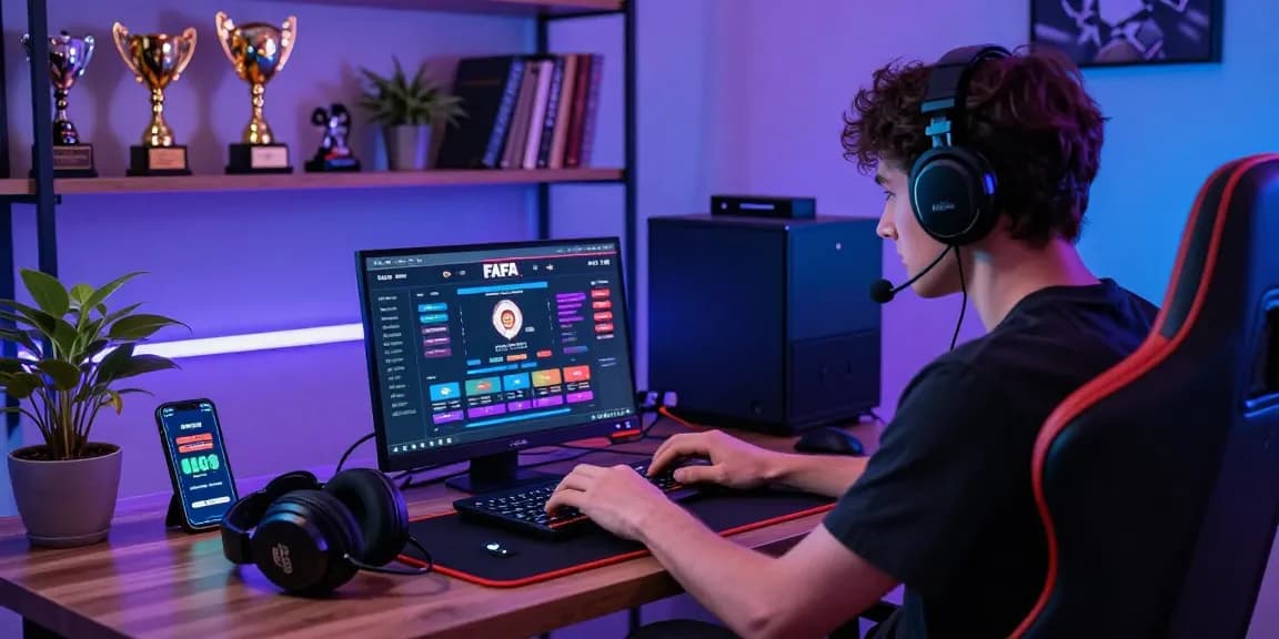 Engaged player using FAFA 828 gaming platform in a stylish home office.