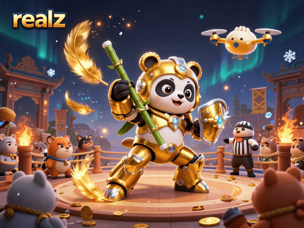 Die 3D-Illustration zeigt den mech-suit goldenen Panda im realz Casino-Arena, umgeben von Goldmünzen und Feuereffekten.
