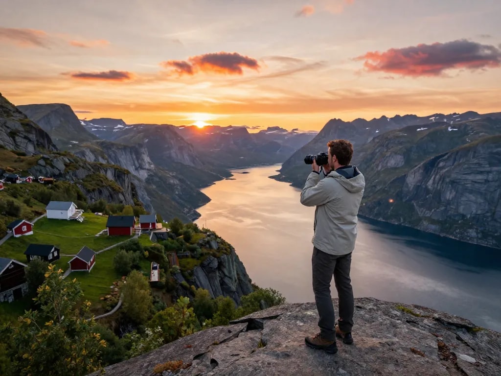 Beeindruckende Fjordlandschaft, die Urlaub in Skandinavien während der goldenen Stunde mit einem Reisenden am Klippenrand zeigt.