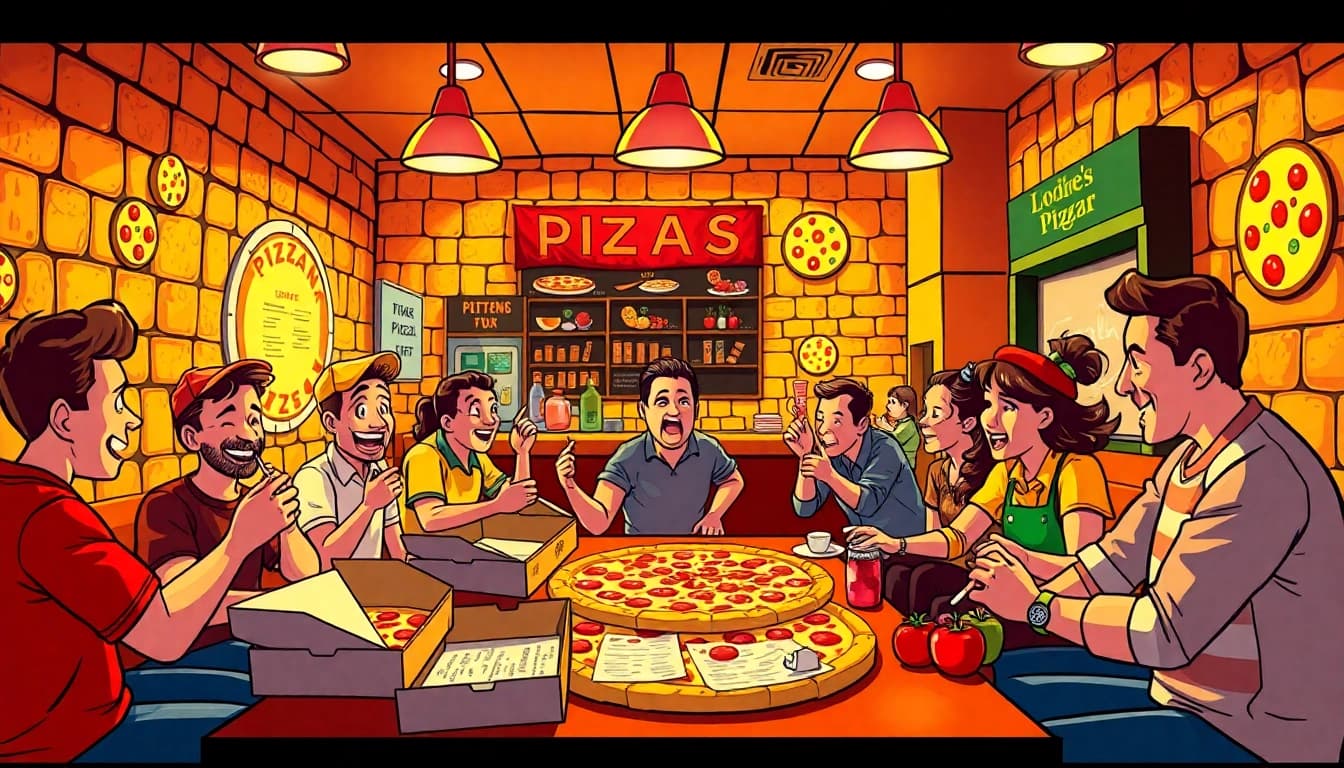 Pizzanap customers enjoying freshly made pizzas while engaging in topping bets and playful conversation.