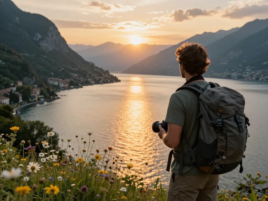 Entdecken Sie Gardasee Reisetipps bei Sonnenuntergang mit einem Reisenden, der die malerische Aussicht und Abenteuer genießt.