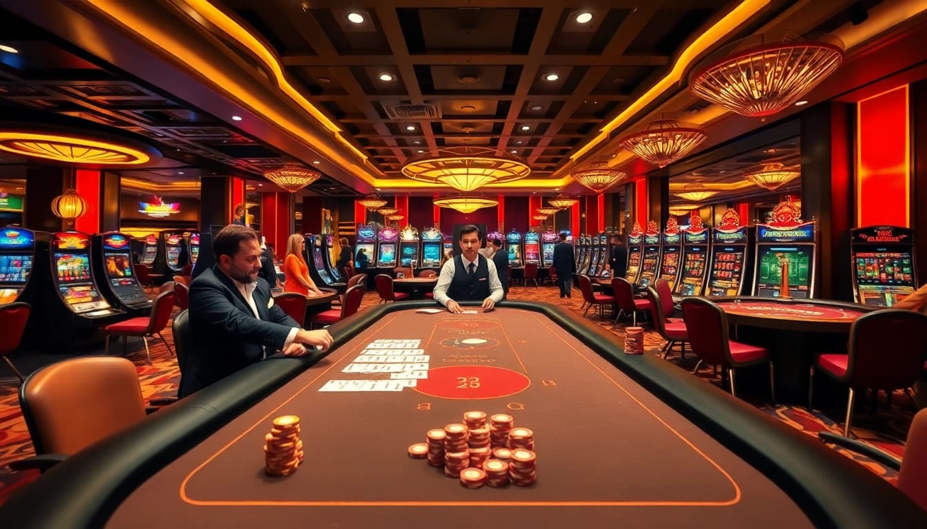 Engage with the thrilling atmosphere of the jl55 one casino, showcasing vibrant tables and excited players.