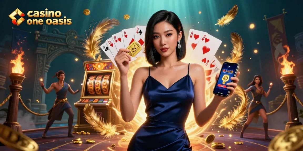 Casino ohne oasis: a confident Asian woman showcases slots and chips in an exhilarating gaming scene.