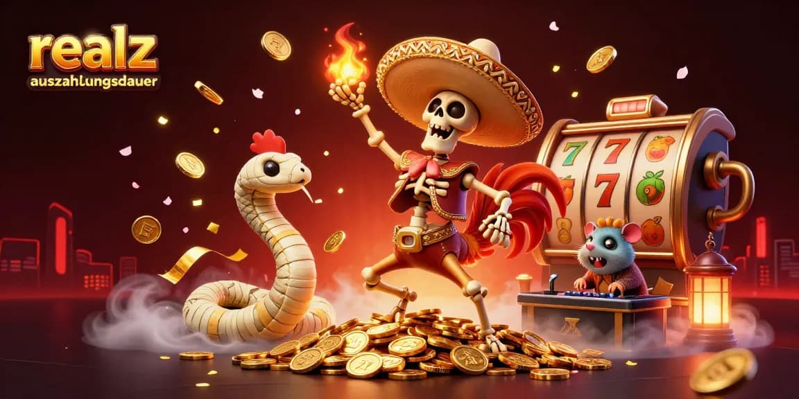 realz casino auszahlungsdauer zeigt einen 3D-Skeleton-Mariachi, der auf Goldmünzen tanzt, umgeben von Casinospiel-Elementen.