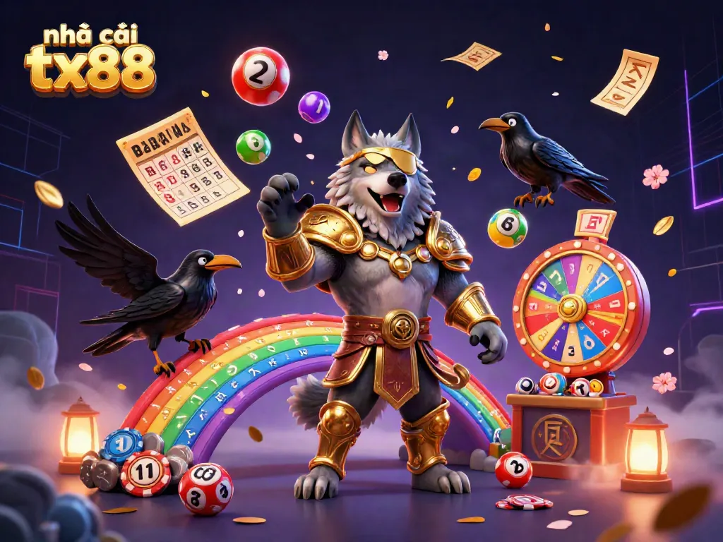 Engage with nhà cái tx88 as the Odin wolf orchestrates a vibrant casino scene full of lottery balls and excitement.