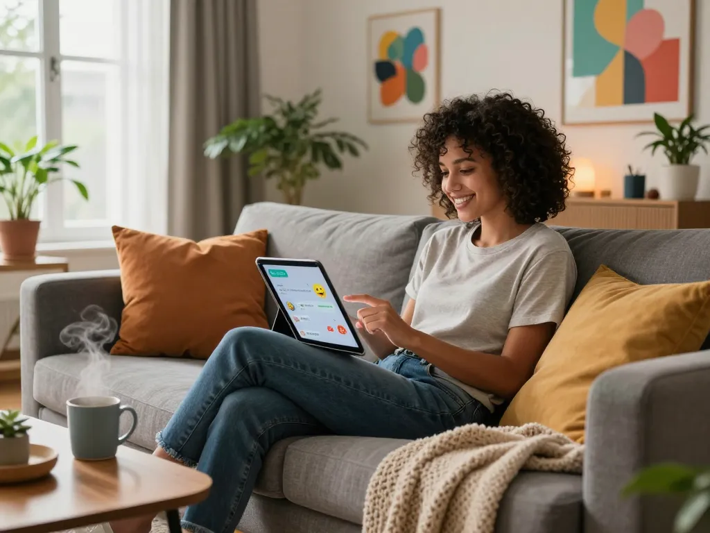 Engaging with a girlfriend AI on a tablet in a cozy living room, showcasing modern lifestyle.