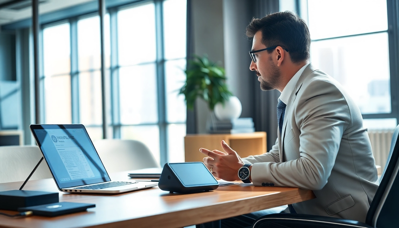 Headhunter IT engaged in a video call with a candidate in a modern office.