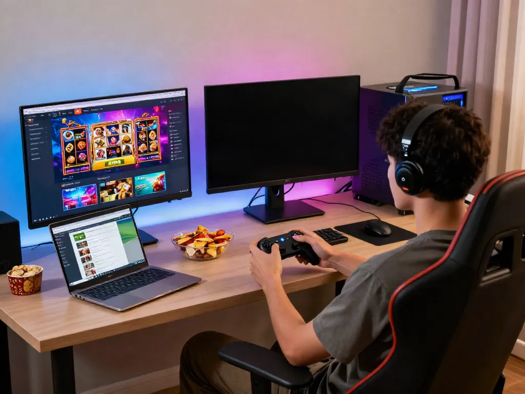 Player immersed in IWIN online gaming platform at home, showcasing vibrant game interface and cozy atmosphere.