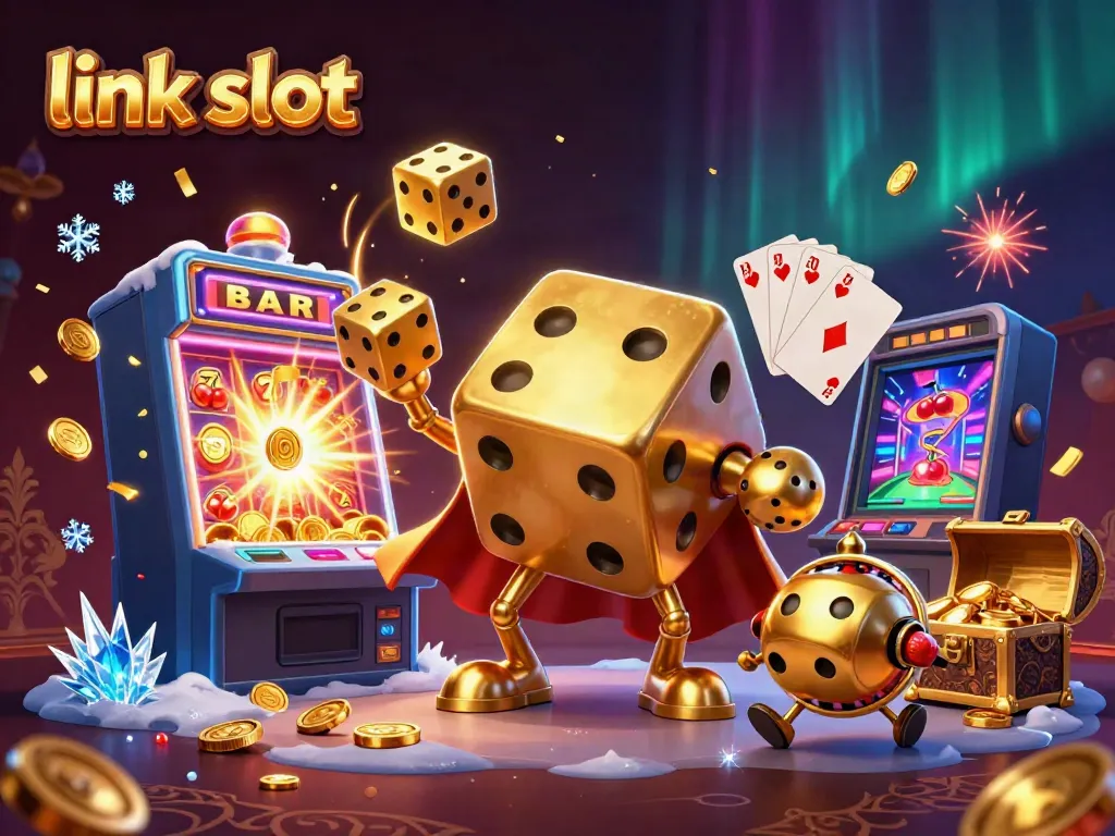Experience thrilling wins with link slot at our dynamic casino illustration featuring a golden dice golem.