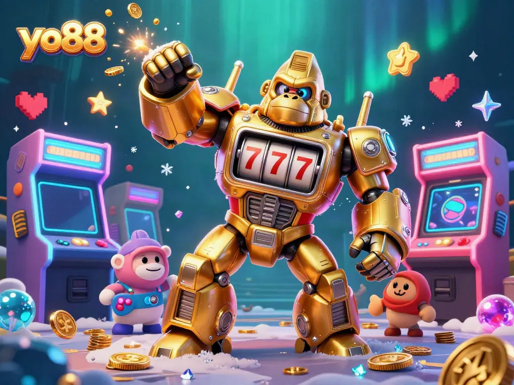 Engage in excitement with yo88's golden gorilla mech and colorful gaming elements!