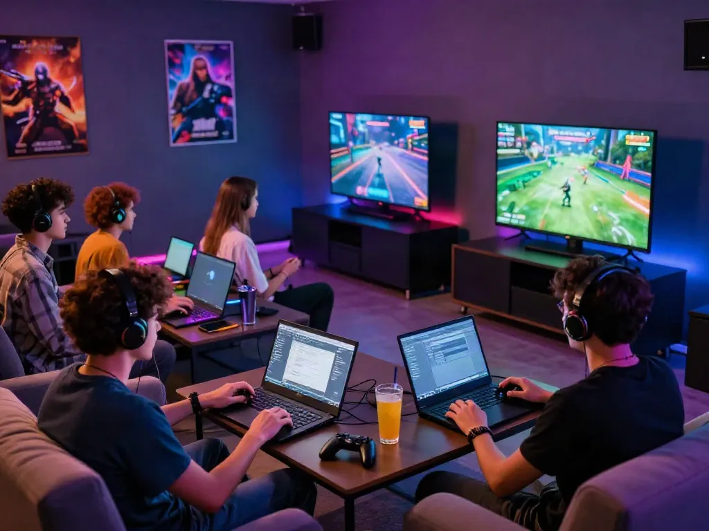 Friends enjoying competitive gaming in a vibrant lounge with rokok88 vibes.