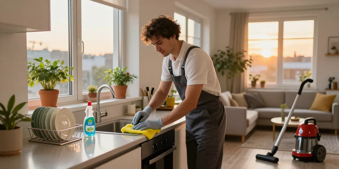 Expert wohnungsabgabe reinigung in a modern apartment, showcasing a professional cleaner scrubbing surfaces.