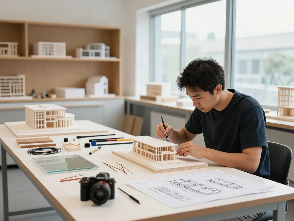 Architekturmodellbau Luxemburg: Modellbauer arbeitet an präzisen Architekturmodellen in einem modernen Studio.