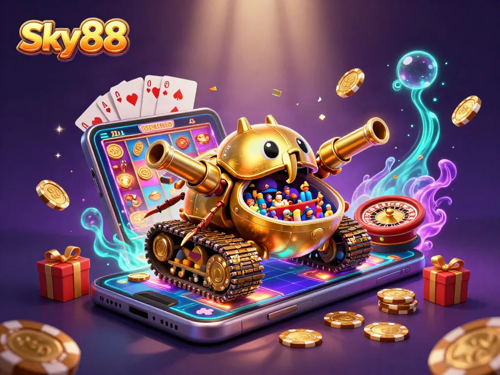 Experience thrilling gameplay at Sky88 with a vibrant 3D illustration of a miniature casino in a golden beetle tank.