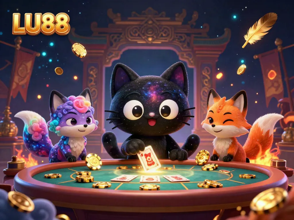 LU88 casino scene with a black hole cat and a nebula fox pulling in golden chips and cards.
