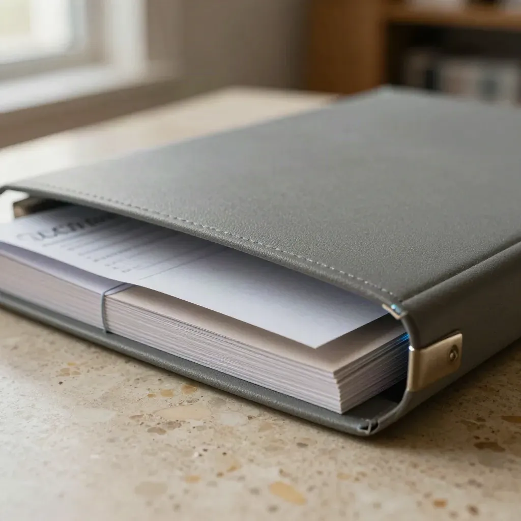 Nahaufnahme eines aufklappenden Report-Folios mit Karten und Metallclip auf Stein.