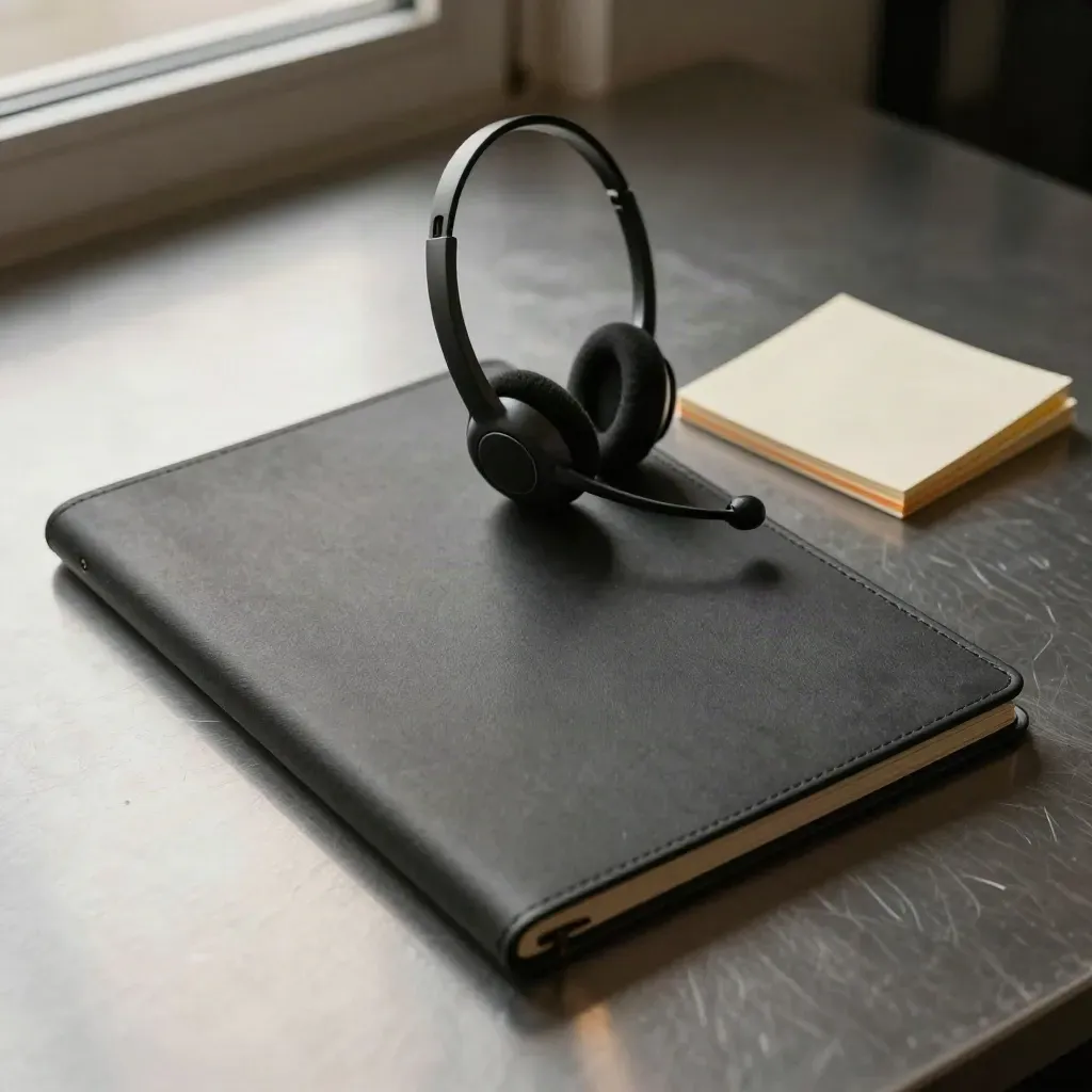 Broker-Call-Kit mit Headset und Karten auf gebürstetem Metall, dunkel und dramatisch.