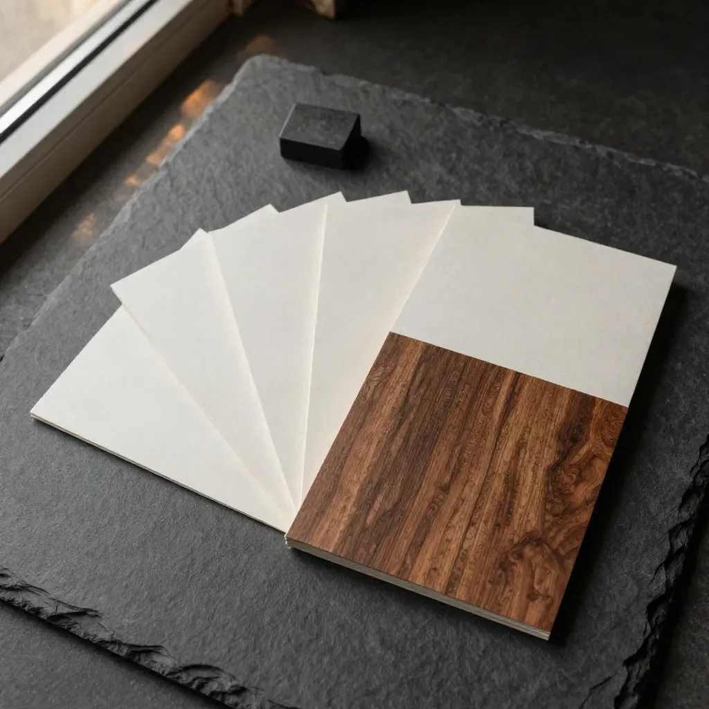 Gebündeltes Marketplace-Listen-Paket mit Registerkarten und Papiergewicht auf Schiefer.