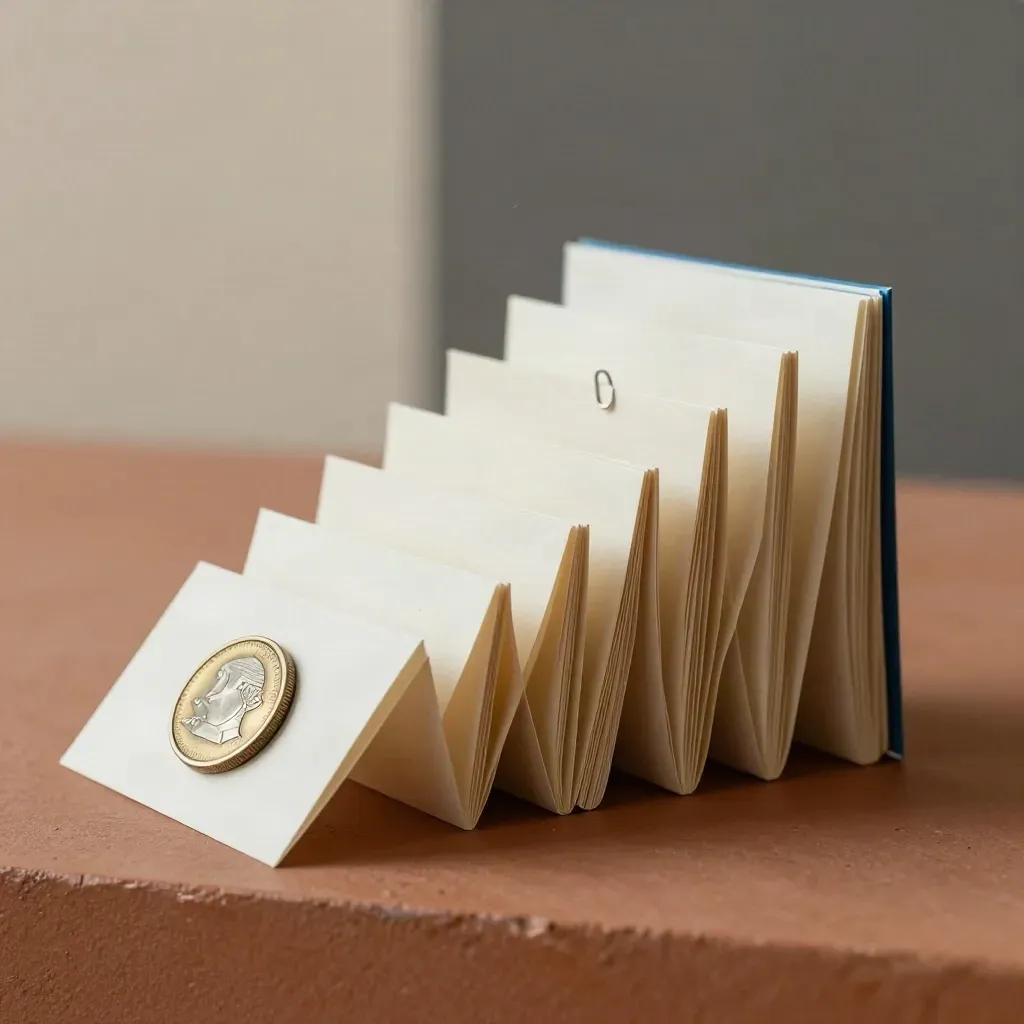 Makro eines aufklappbaren Papierpakets mit Clip und Rechentoken auf terrakottafarbener Fläche.