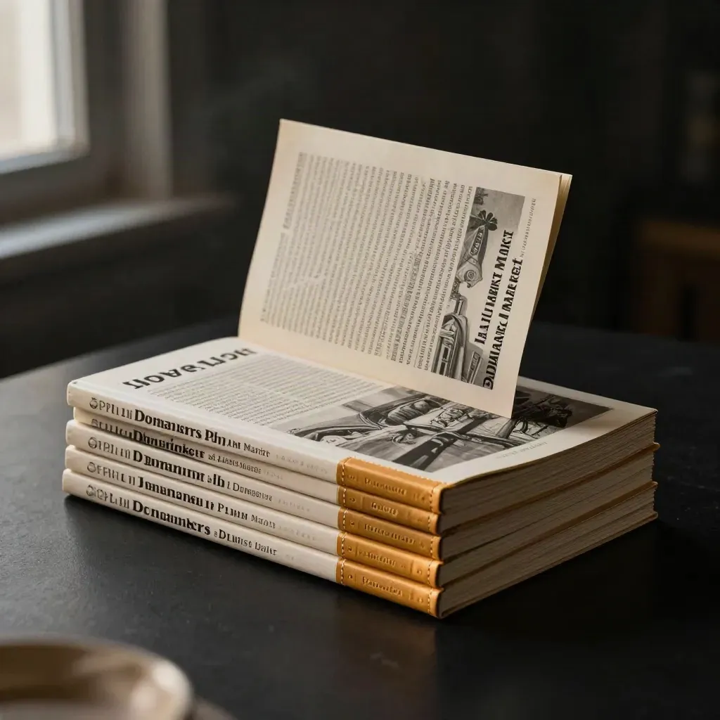Vier dunkle Markt-Booklets in Diagonalordnung mit amberfarbenem Glanz im Studio.