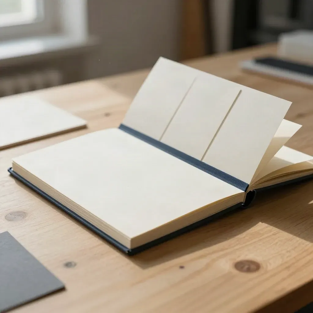 Offenes Namens-Workbook mit Karten auf hellem Holz, mit leichtem Berliner Studio-Look