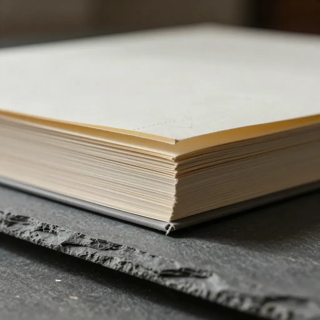 Makro eines gehefteten Papier-Workbooks mit gefaltetem Deckblatt und zwei Laschen auf Schiefershelf.
