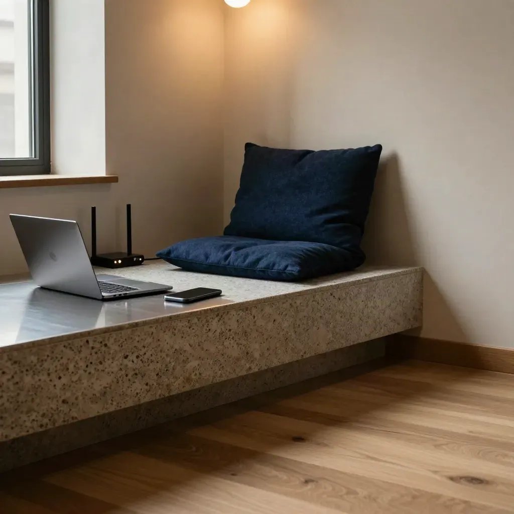 Ruhige Lounge mit Travertinkante, Laptop, Smartphone und warmem Licht für Domain-News.