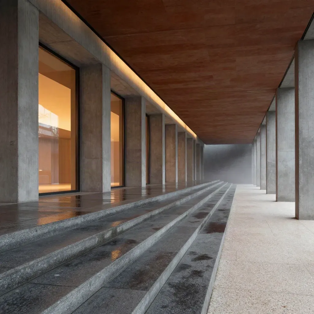 Leere Betonsäulenhalle mit nassen Stufen, Glasreflexen und Nebel im Regenlicht