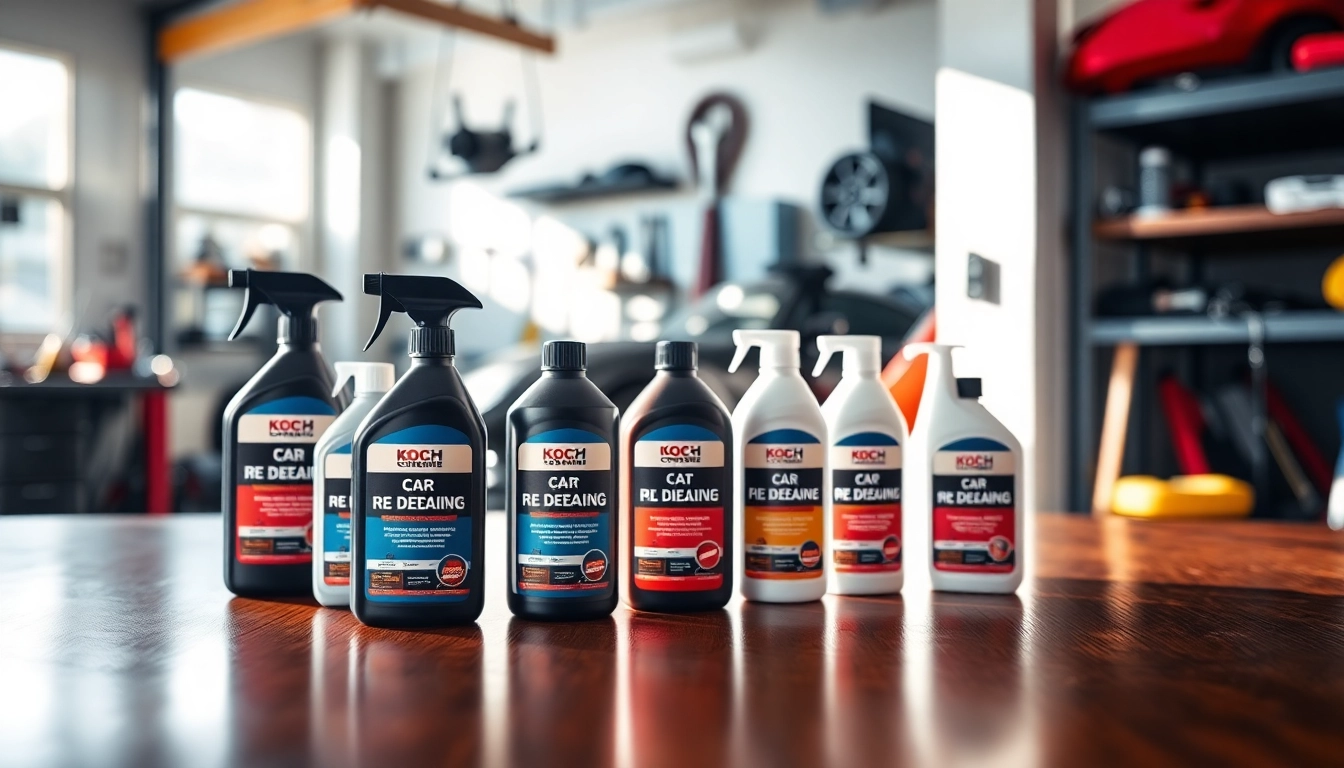 Koch Chemie Produkte auf einem eleganten Tisch zur Fahrzeugpflege ansprechend präsentiert.