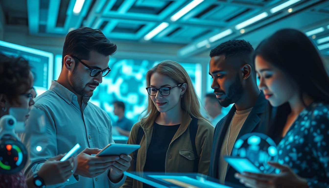 Engaging scene with diverse adults (ai 18+) interacting with innovative AI technology in a modern setting.