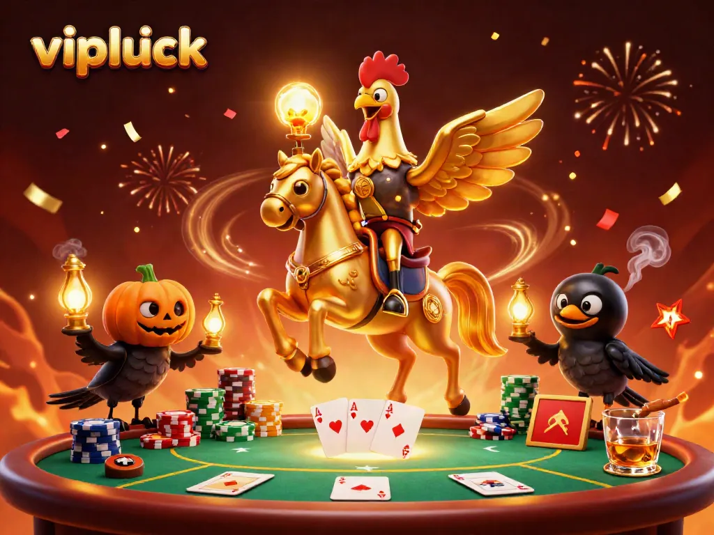 Experience the thrill of vipluck with golden rooster characters in a vibrant casino scene.