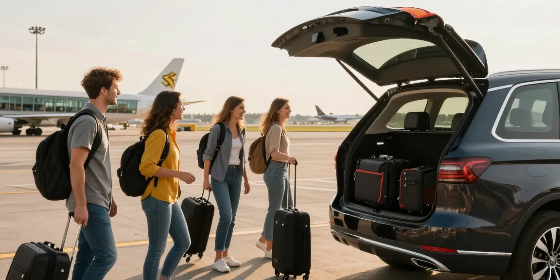 Flughafentransfer welcoming travelers at an airport, luxurious vehicle, professional driver.