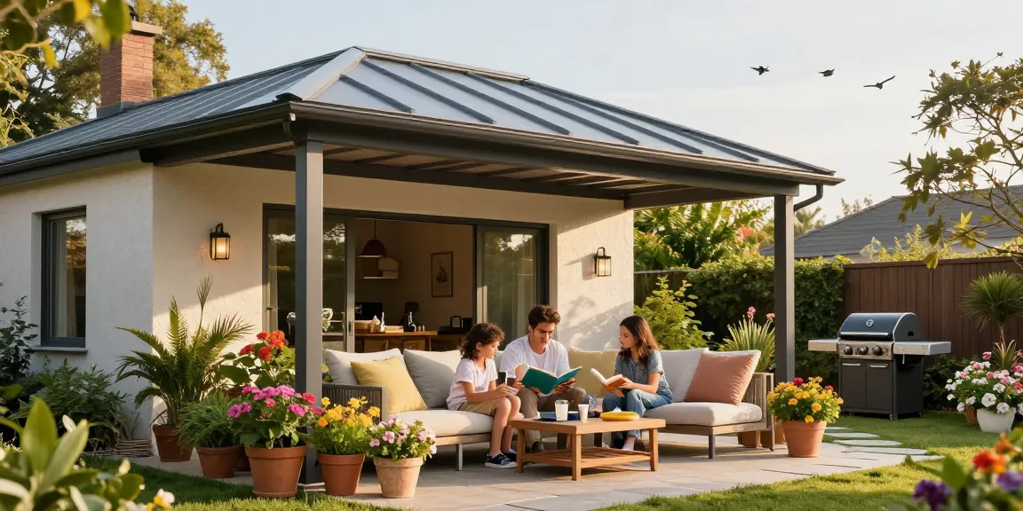 Moderne Terrassenüberdachung sorgt für Gemütlichkeit im Garten.