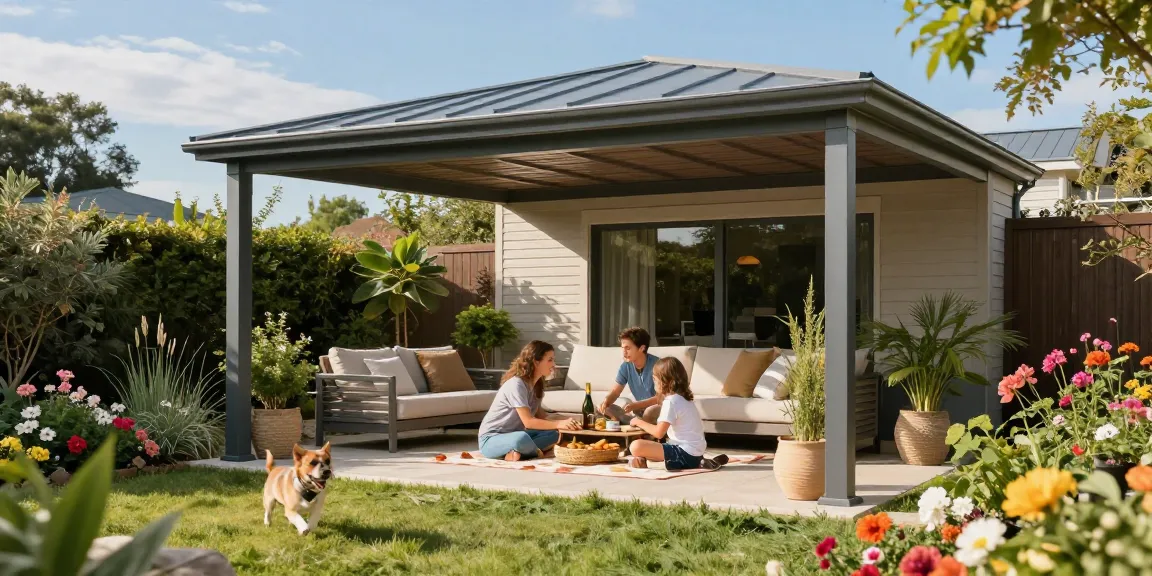 Freistehende Terrassenüberdachung, moderne Aluminium-Pergola im Garten, entspannte Familie beim Picknick.