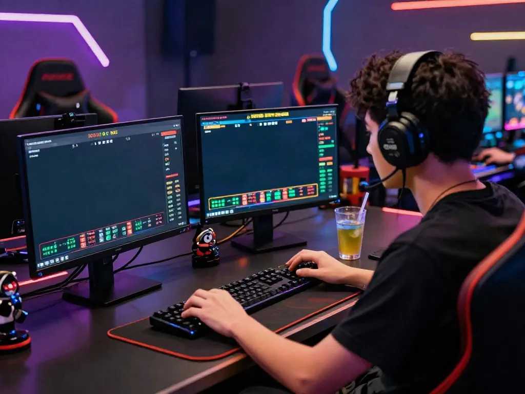 Engaged gamer participating in online betting on SV88 with a modern setup and vibrant lighting.