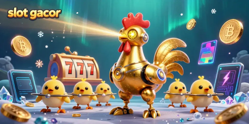 Experience the thrilling action of slot gacor with a golden rooster robot amidst vibrant slot game elements.