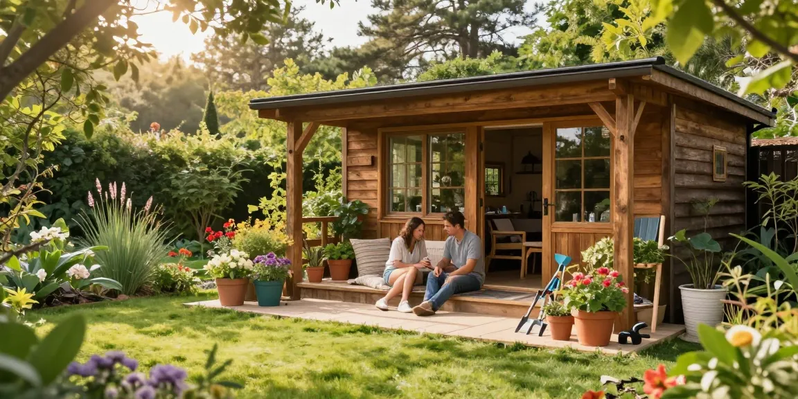 Gartenhaus kaufen in einladendem Garten mit blühenden Pflanzen und komfortabler Sitzecke.