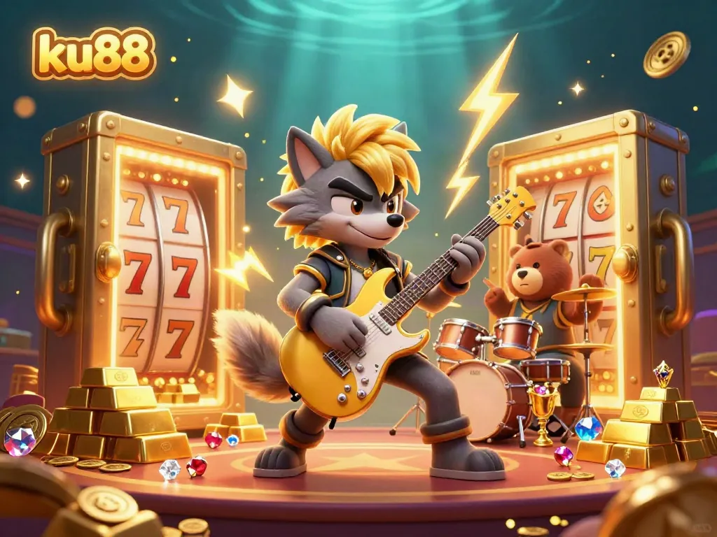 Experience the excitement of ku88's vibrant casino world with a rock star wolf and drummer bear in action.